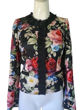 Dolce & Gabbana Floral Silk Wool Jacket IT 38 XS Black Multicolor Ruffle Italy